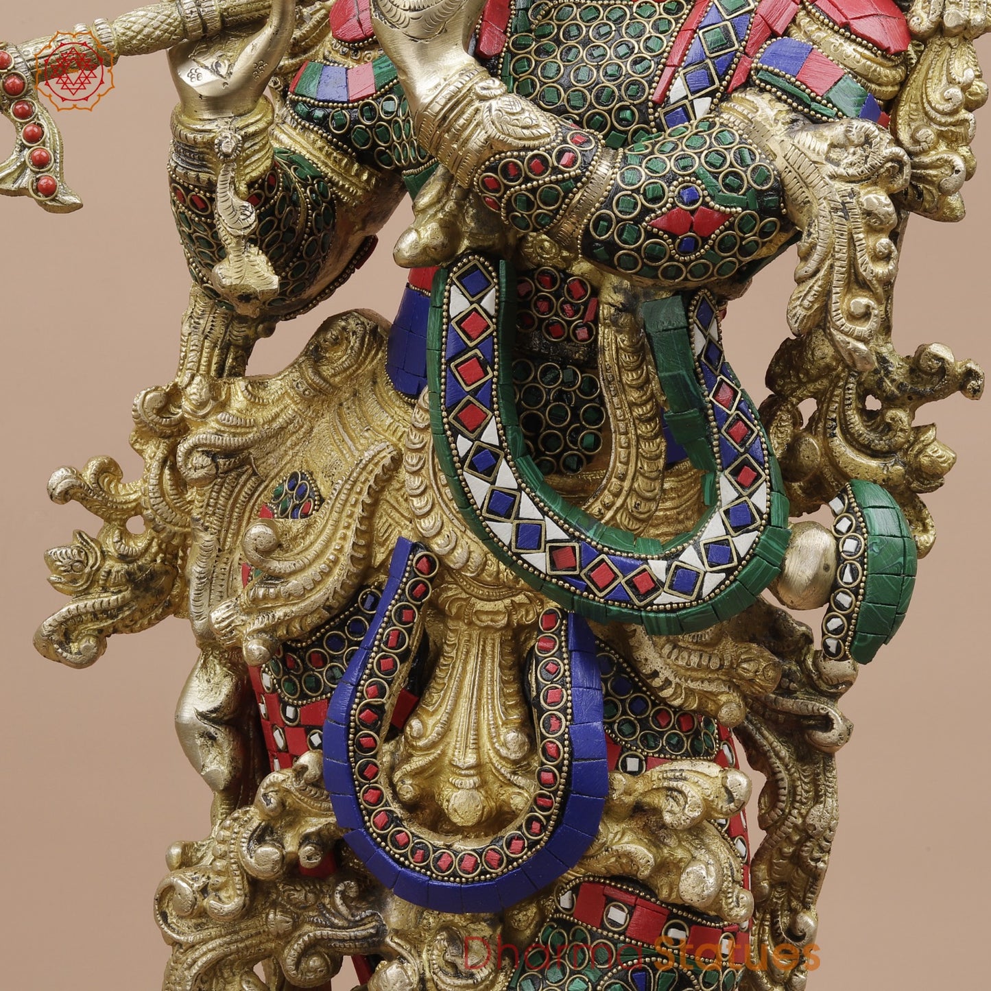 Brass Krishna Standing Fine, Stone work 30”
