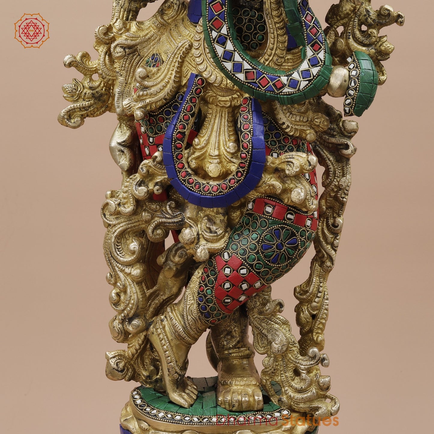 Brass Krishna Standing Fine, Stone work 30”