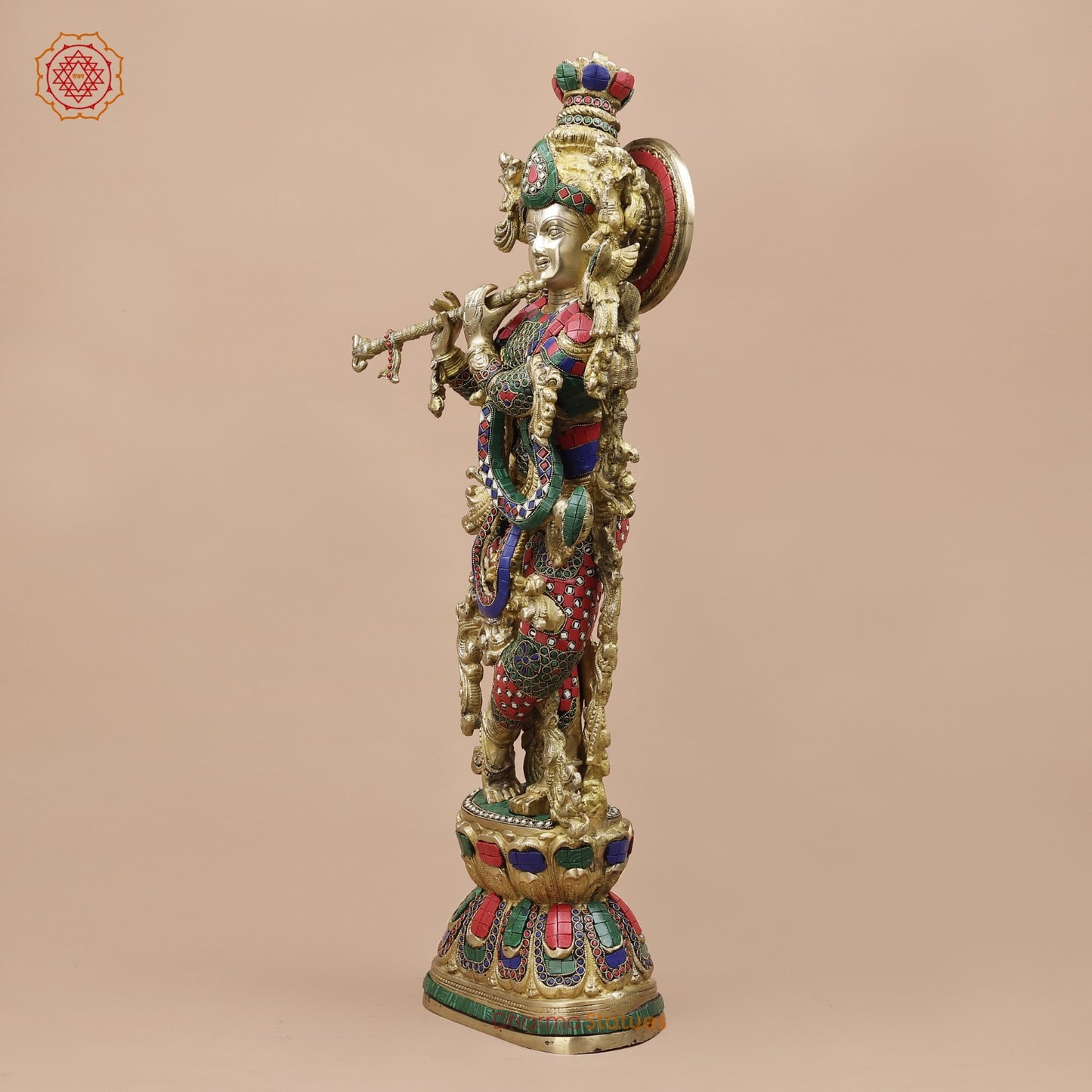Brass Krishna Standing Fine, Stone work 30”