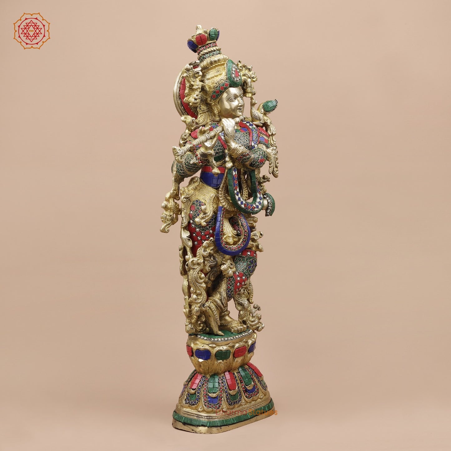 Brass Krishna Standing Fine, Stone work 30”