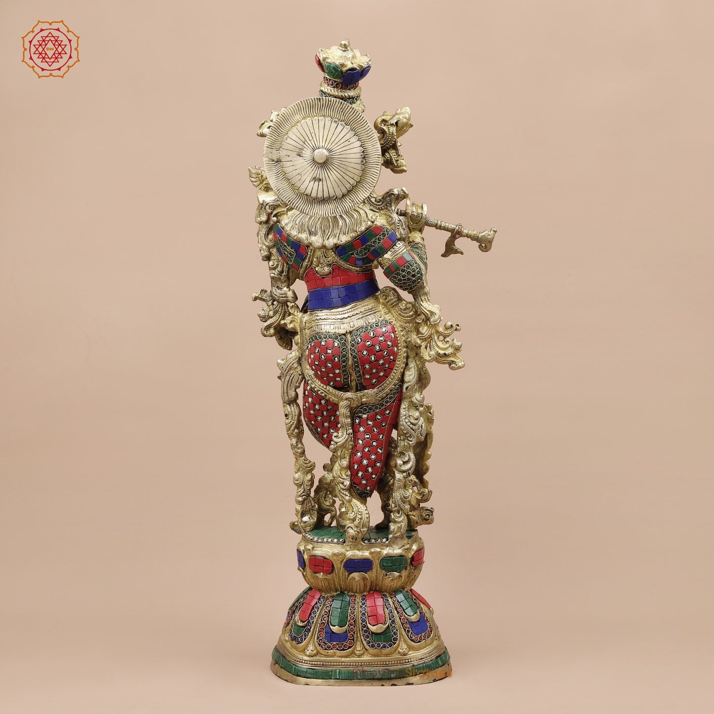 Brass Krishna Standing Fine, Stone work 30”