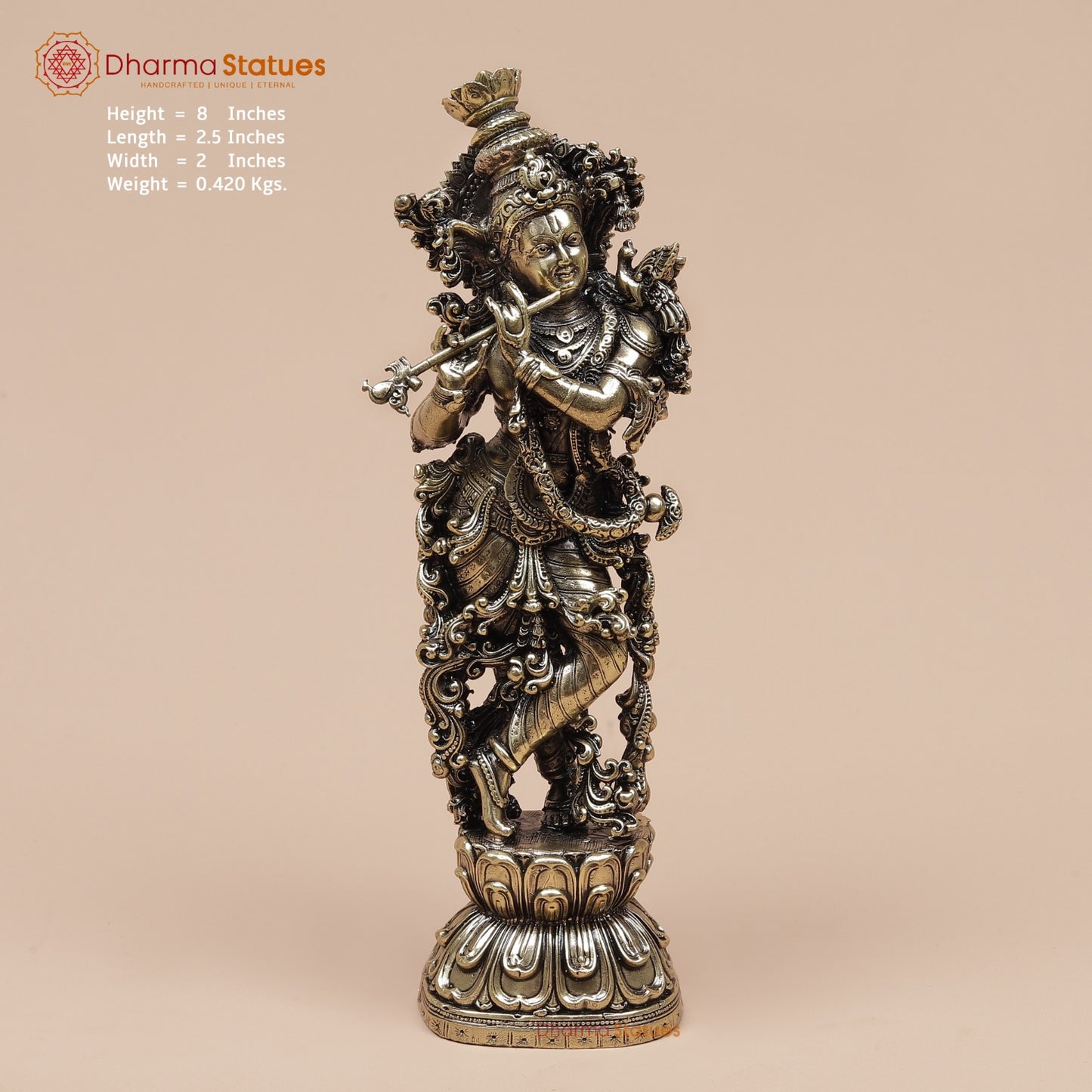 Brass Krishna Standing Fine 8”