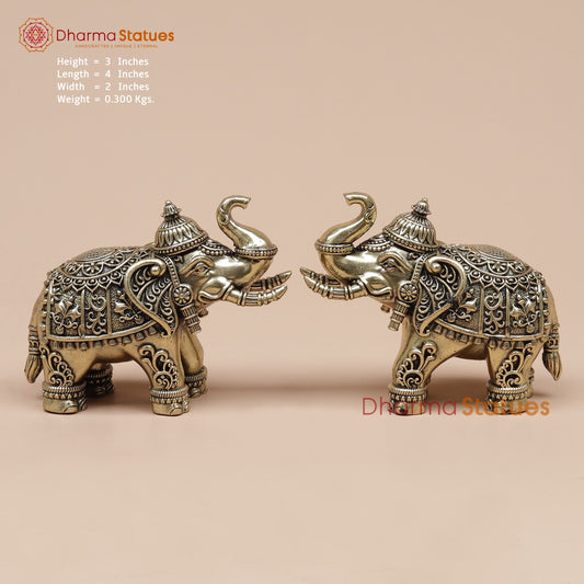 Brass Elephants pair With Fine Carving 4”