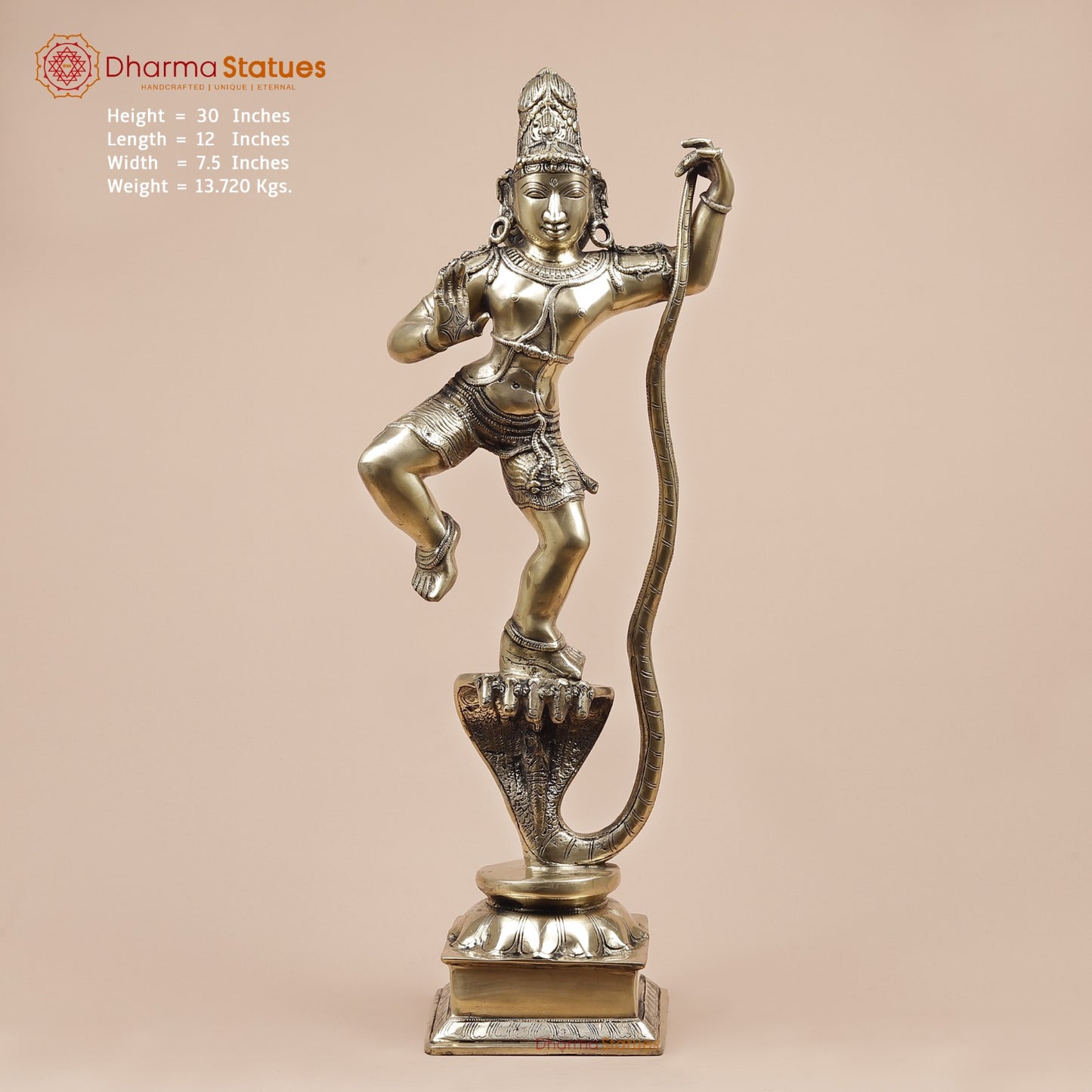 Brass Kalinga Krishna Dancing On Snake Fine, Smooth Finish 30”