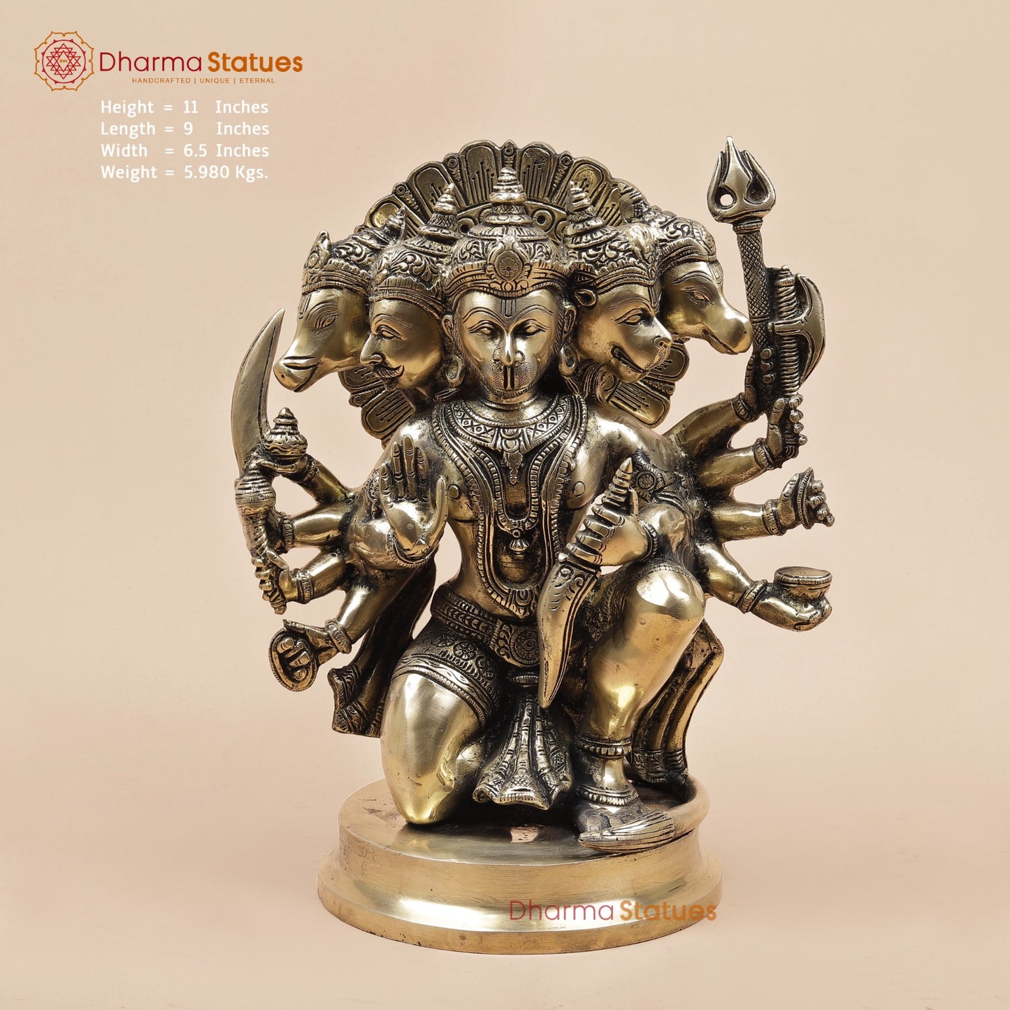 Brass Panchmukhi Hanuman Seated Fine, Smooth Finish 11”