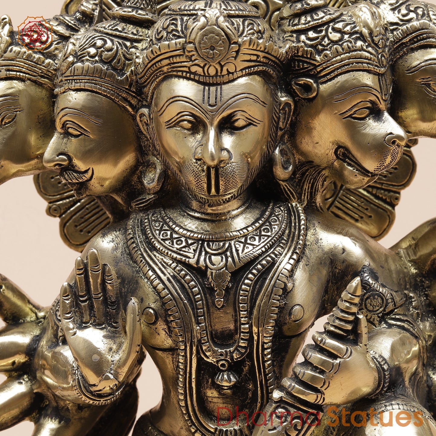 Brass Panchmukhi Hanuman Seated Fine, Smooth Finish 11”