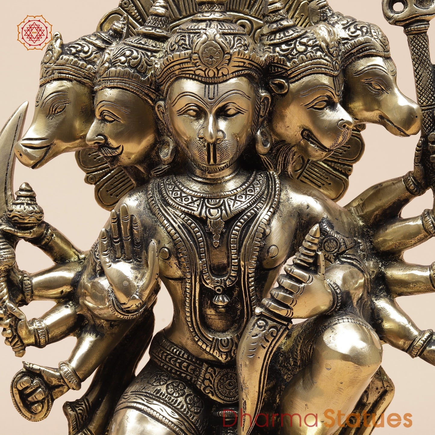 Brass Panchmukhi Hanuman Seated Fine, Smooth Finish 11”