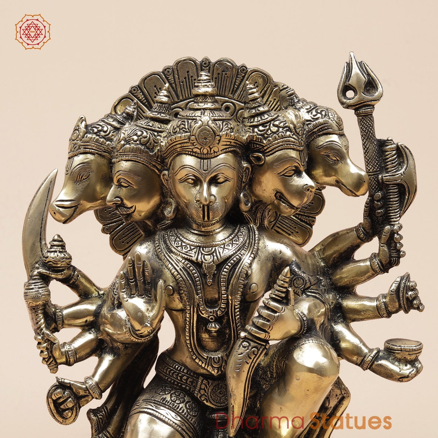 Brass Panchmukhi Hanuman Seated Fine, Smooth Finish 11”