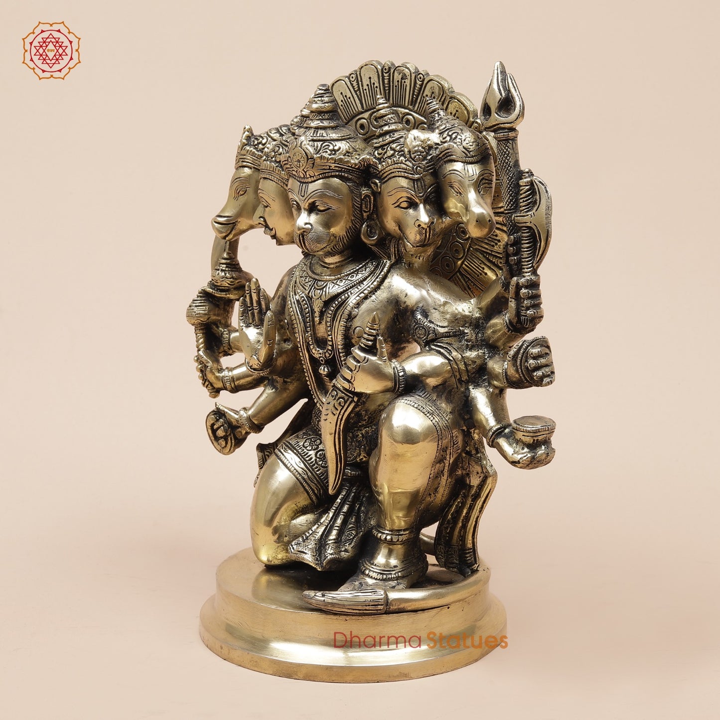 Brass Panchmukhi Hanuman Seated Fine, Smooth Finish 11”