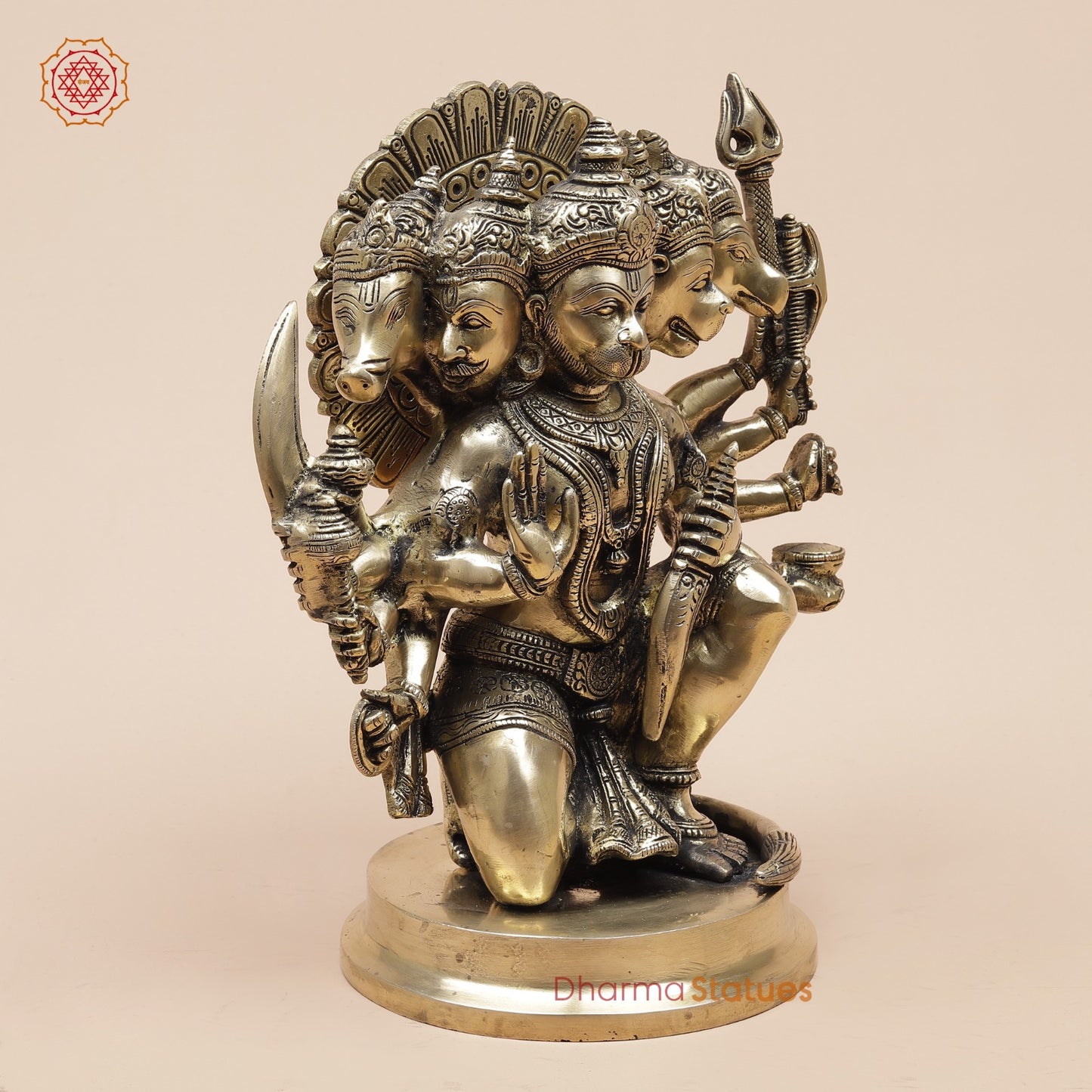 Brass Panchmukhi Hanuman Seated Fine, Smooth Finish 11”