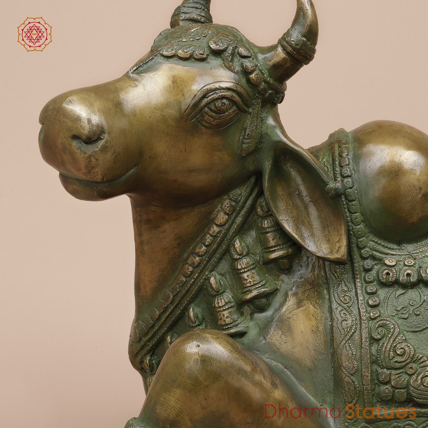 Brass Nandi Seated Fine Carving, Natural Patina 21”