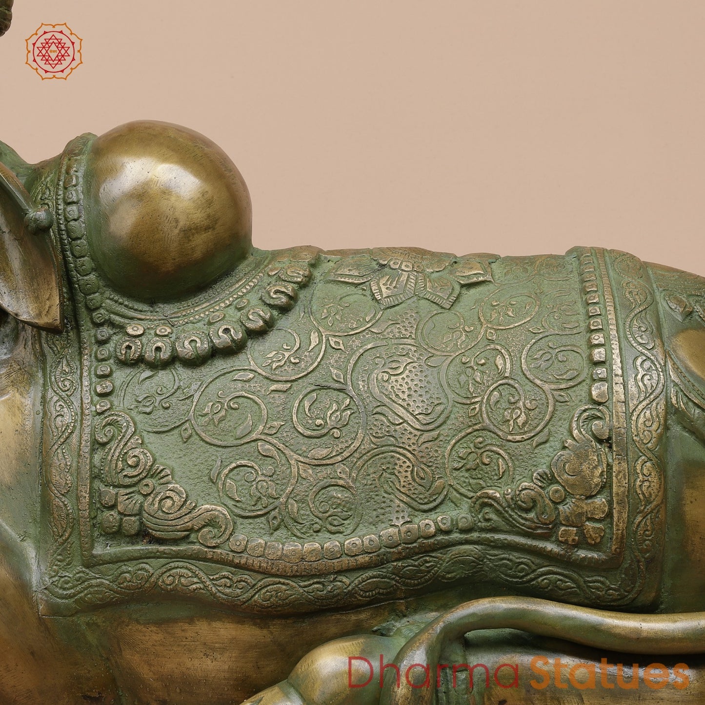 Brass Nandi Seated Fine Carving, Natural Patina 21”