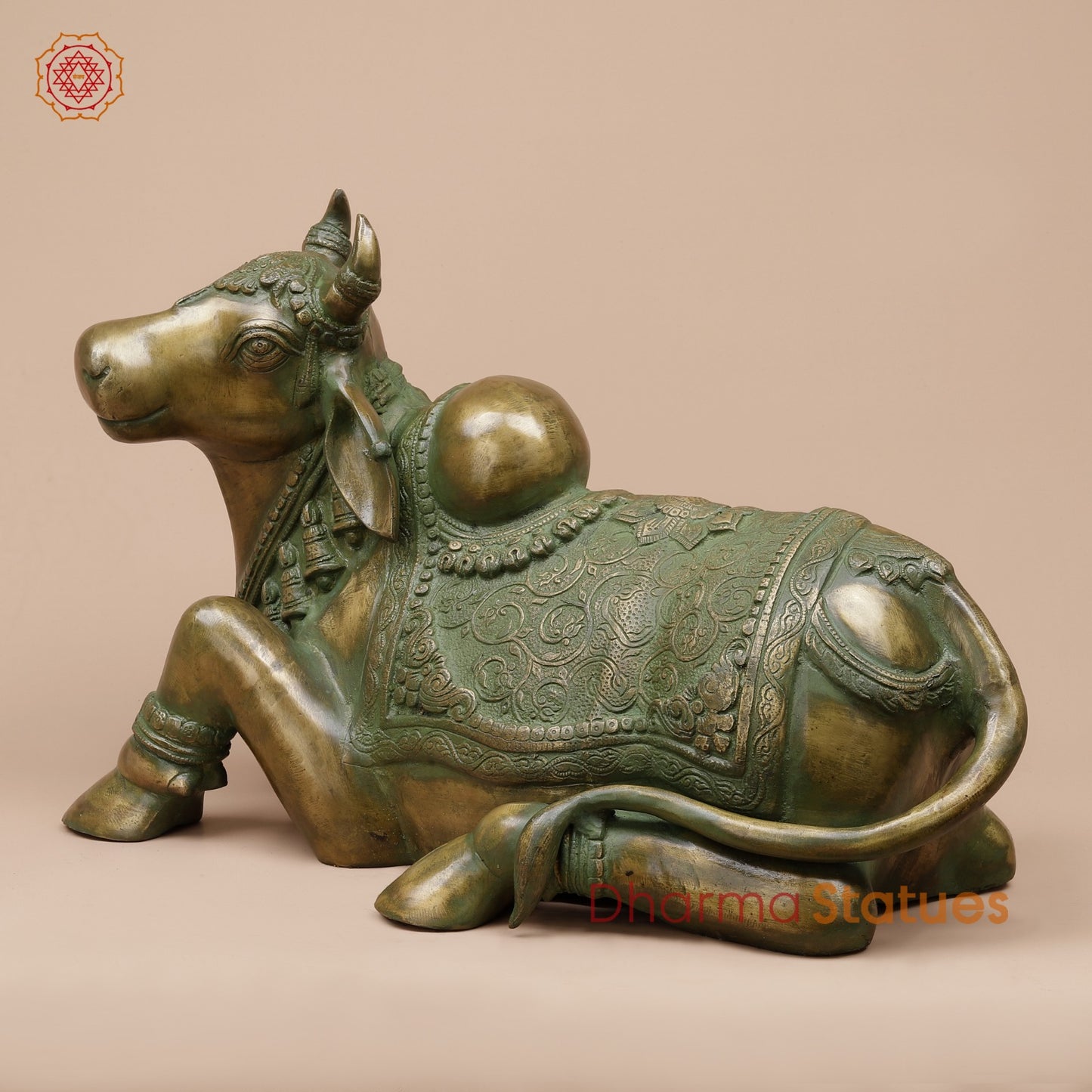 Brass Nandi Seated Fine Carving, Natural Patina 21”