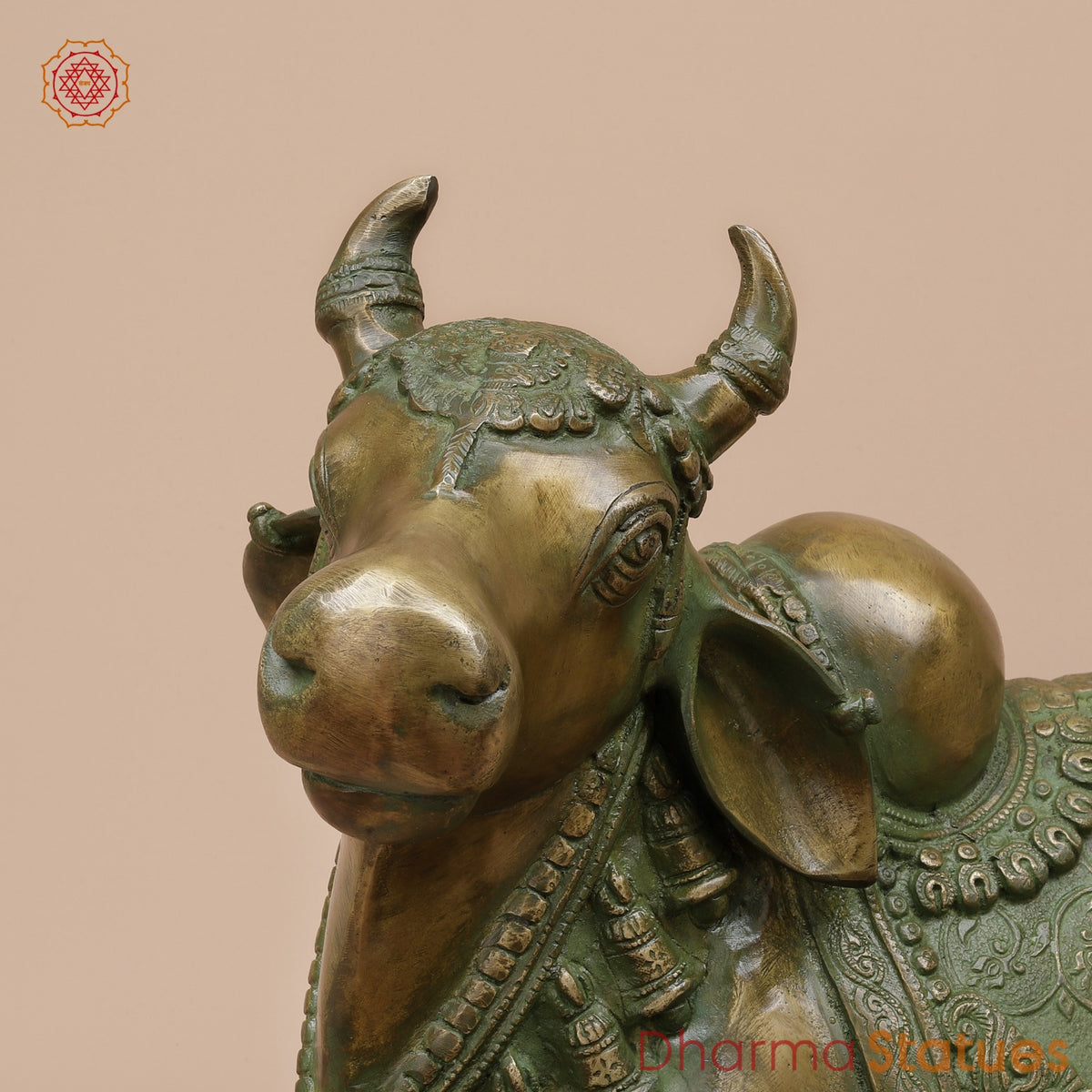Brass Nandi Seated Fine Carving, Natural Patina 21”