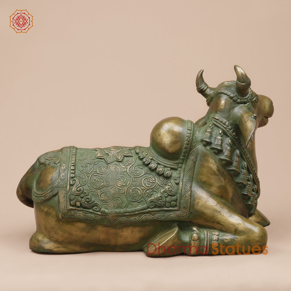 Brass Nandi Seated Fine Carving, Natural Patina 21”