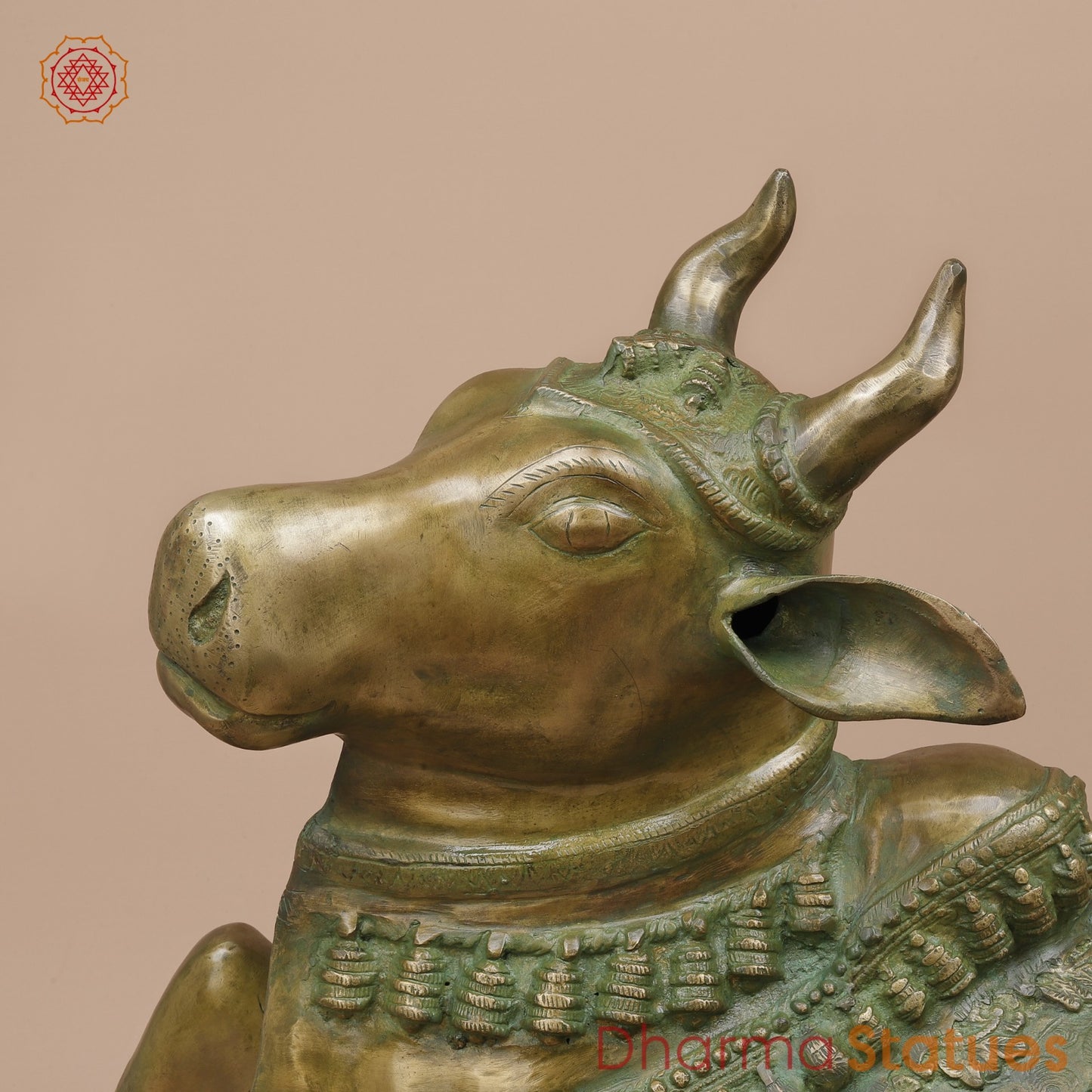 Brass Nandi Seated Fine Carving, Natural Patina 34”