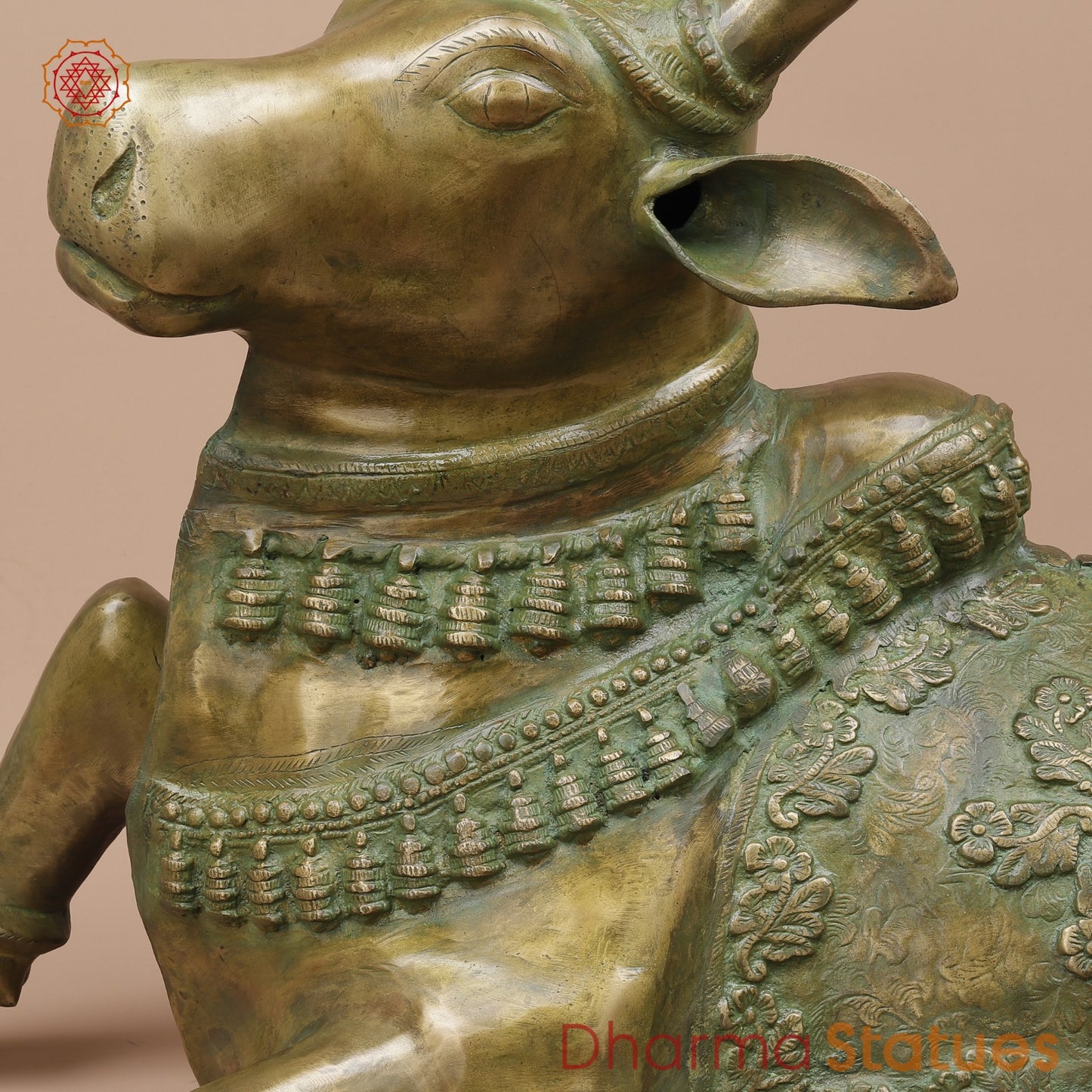 Brass Nandi Seated Fine Carving, Natural Patina 34”