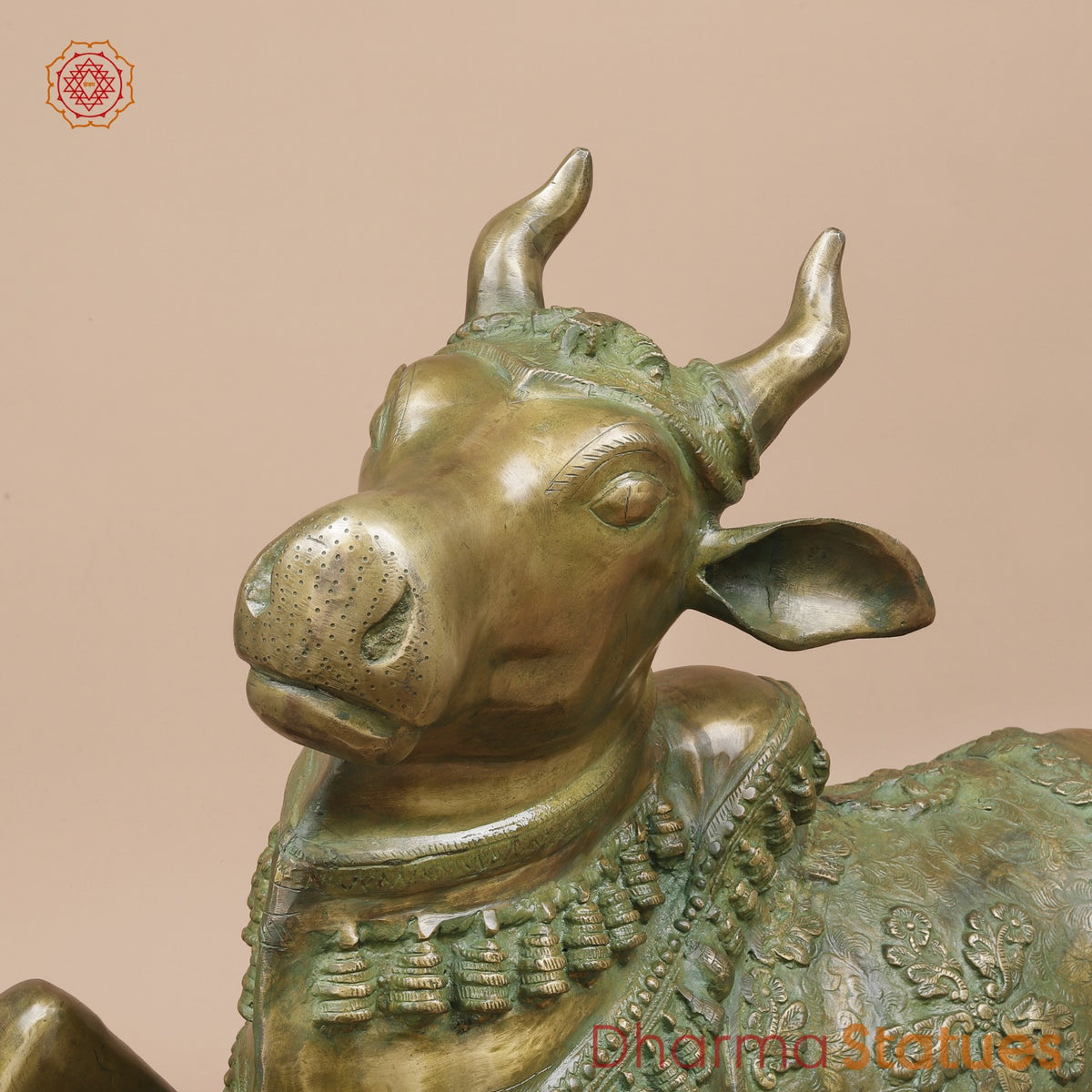 Brass Nandi Seated Fine Carving, Natural Patina 34”