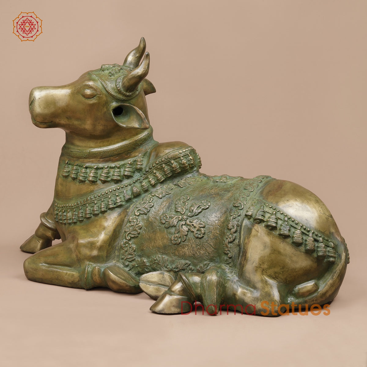 Brass Nandi Seated Fine Carving, Natural Patina 34”