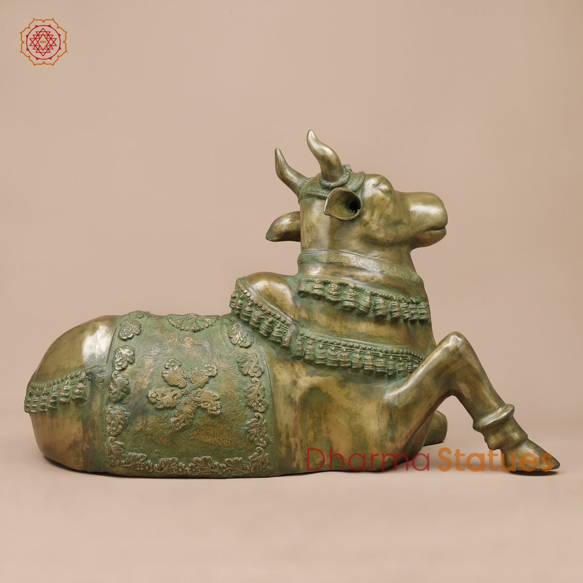 Brass Nandi Seated Fine Carving, Natural Patina 34”
