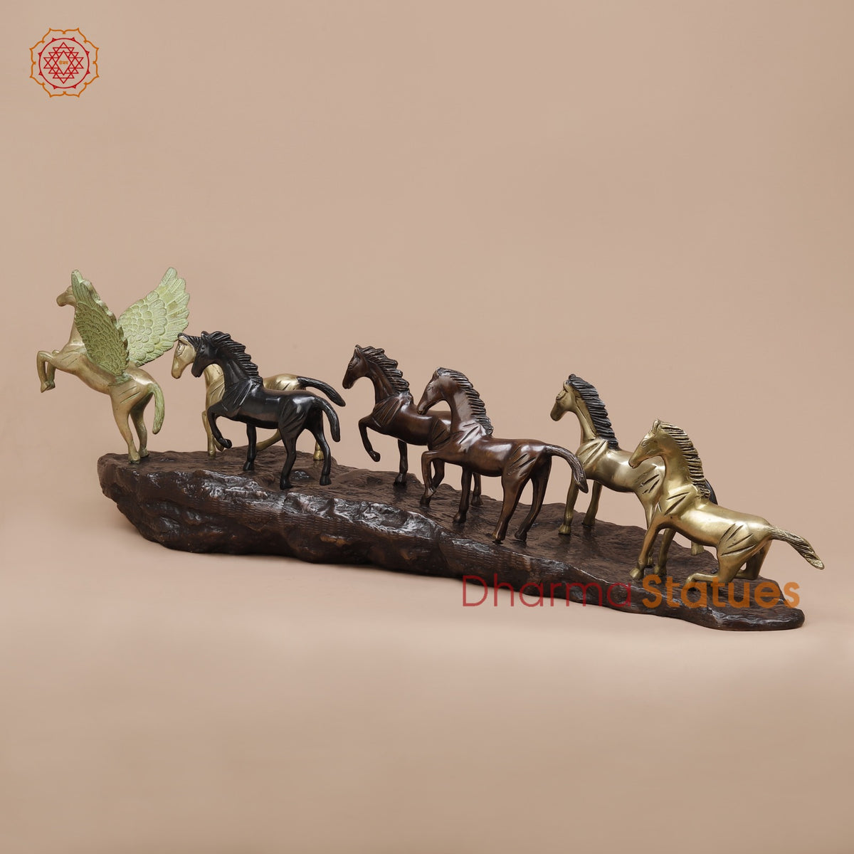 Brass Set of Seven Lucky Horses Fine, Multicolor 38”