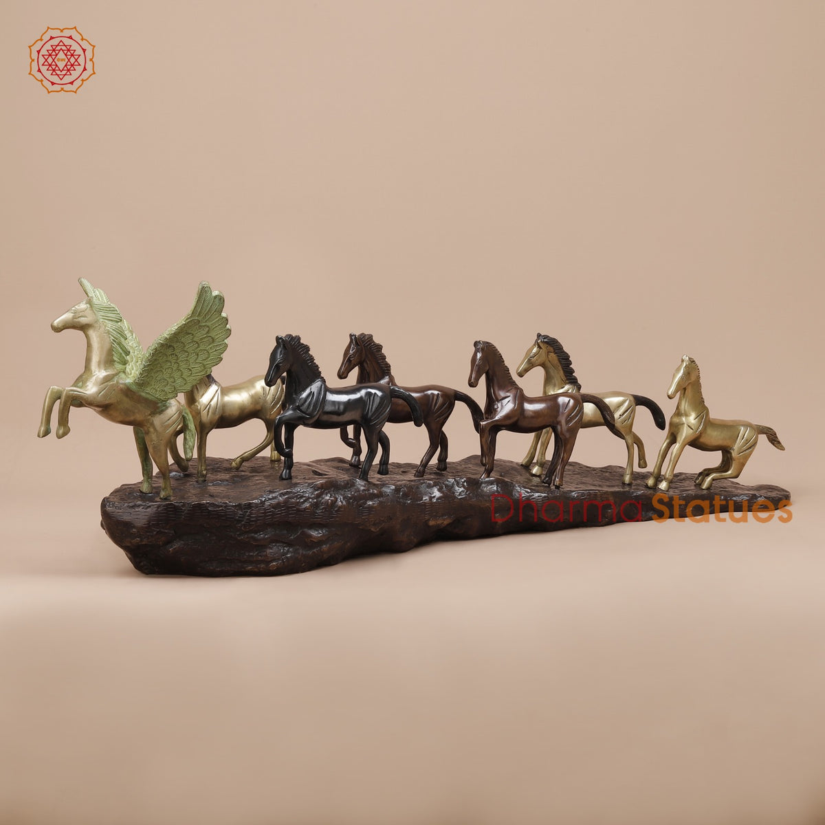 Brass Set of Seven Lucky Horses Fine, Multicolor 38”