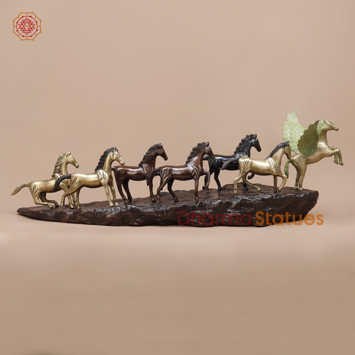 Brass Set of Seven Lucky Horses Fine, Multicolor 38”