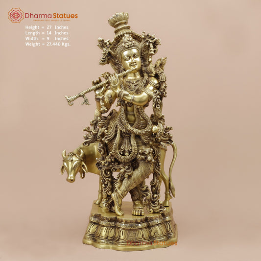 Brass Cow Krishna With Carving Fine, Special Gold Finish 27”