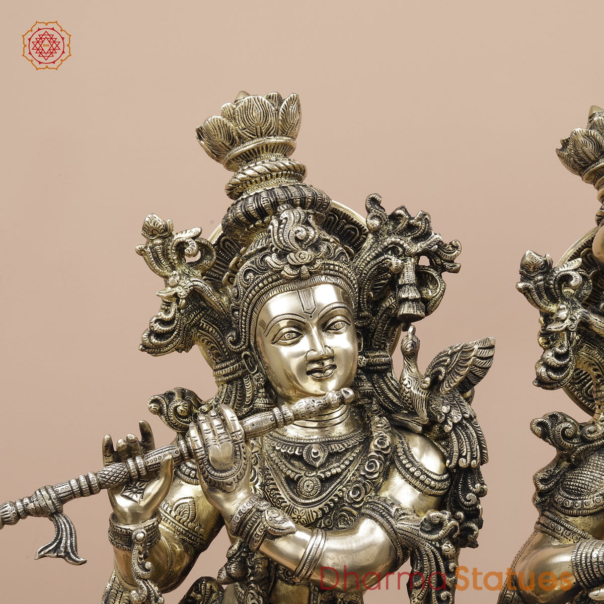 Brass Radha Krishna Standing On Floral Base Fine, Smooth Finish 27”