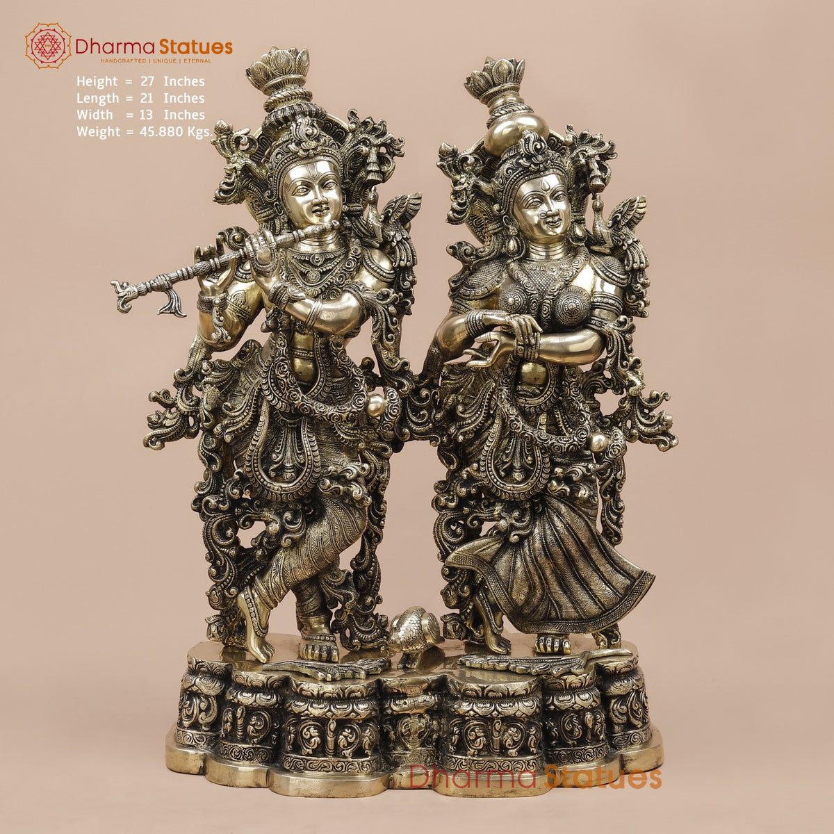 Brass Radha Krishna Standing On Floral Base Fine, Smooth Finish 27”