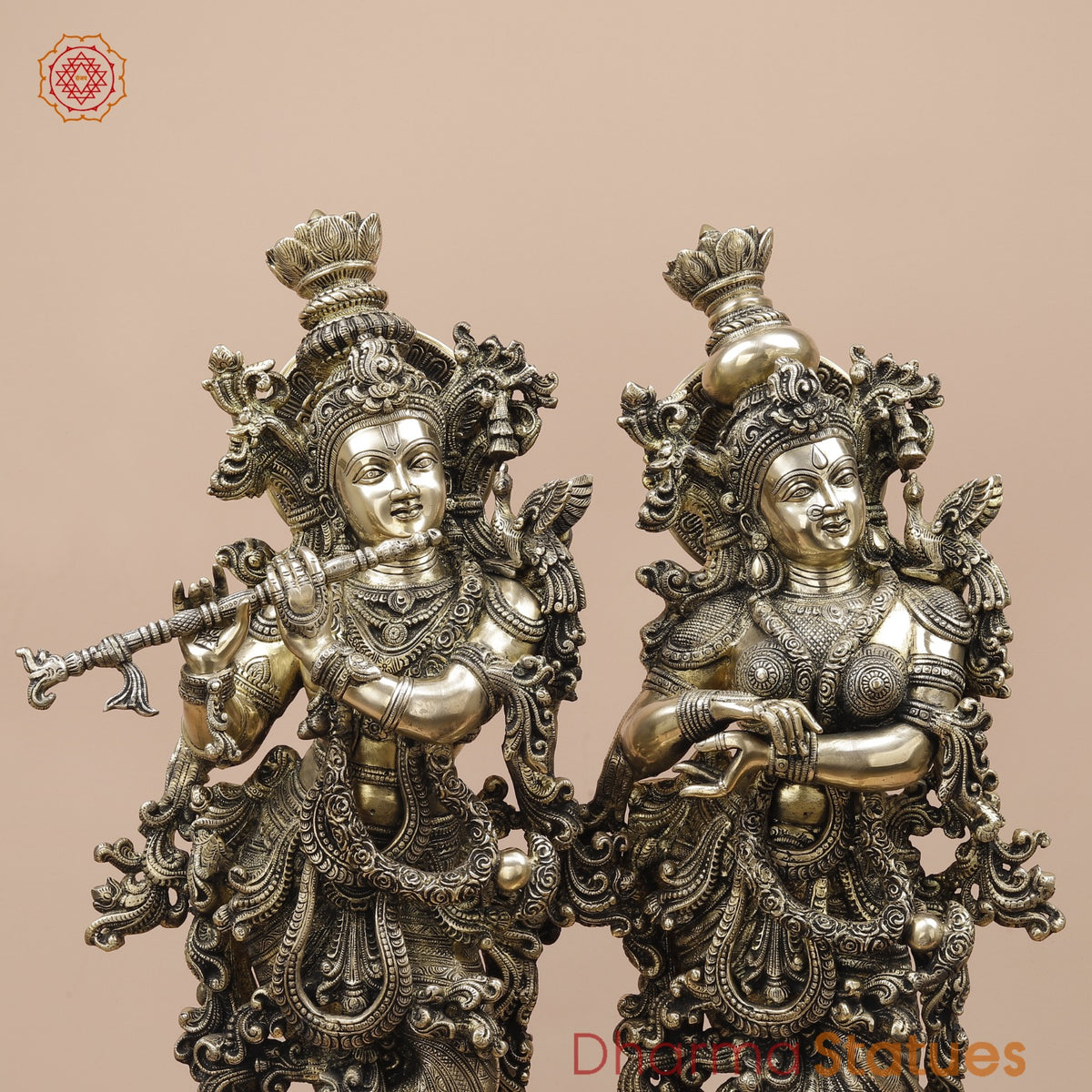 Brass Radha Krishna Standing On Floral Base Fine, Smooth Finish 27”