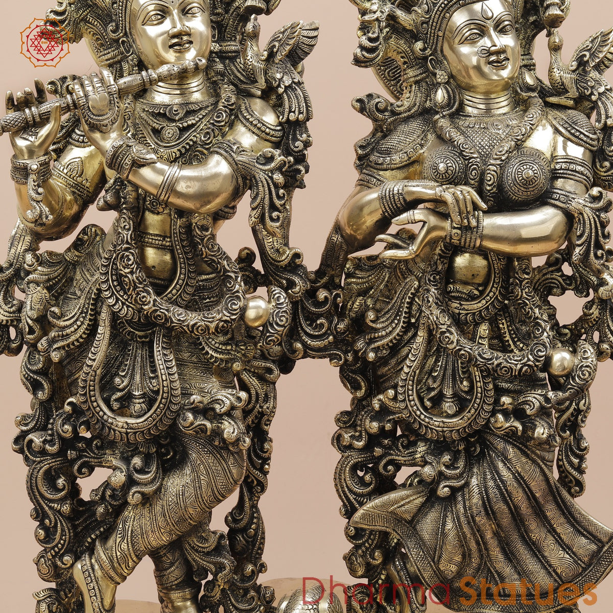 Brass Radha Krishna Standing On Floral Base Fine, Smooth Finish 27”
