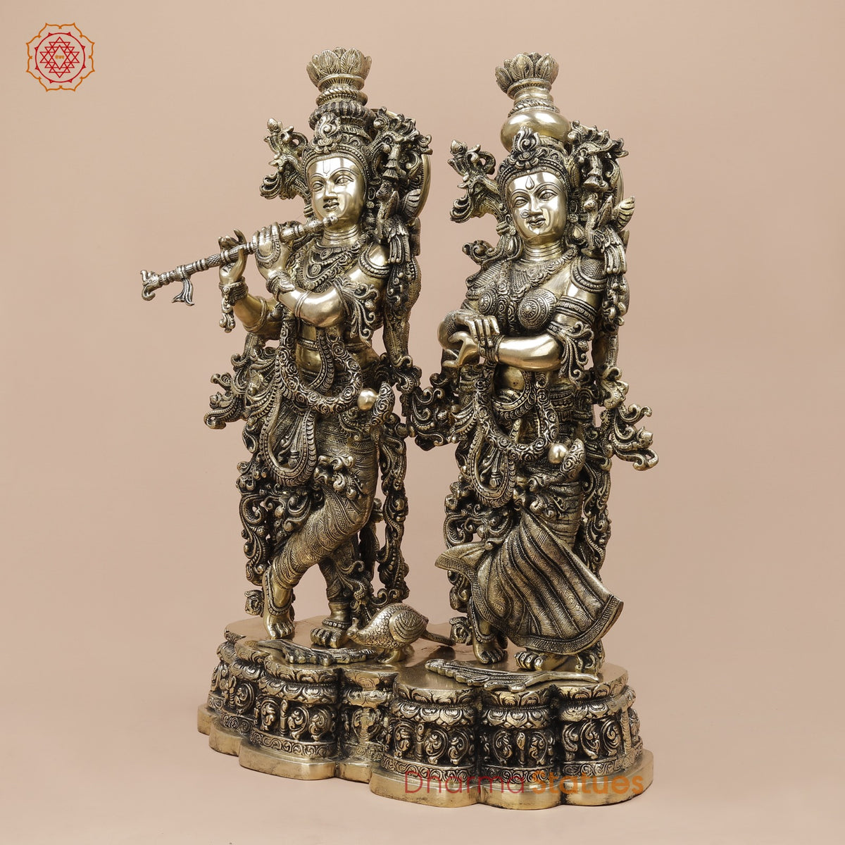 Brass Radha Krishna Standing On Floral Base Fine, Smooth Finish 27”