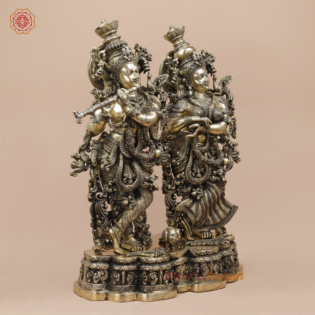 Brass Radha Krishna Standing On Floral Base Fine, Smooth Finish 27”