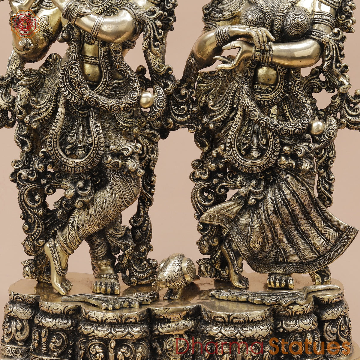 Brass Radha Krishna Standing On Floral Base Fine, Smooth Finish 27”