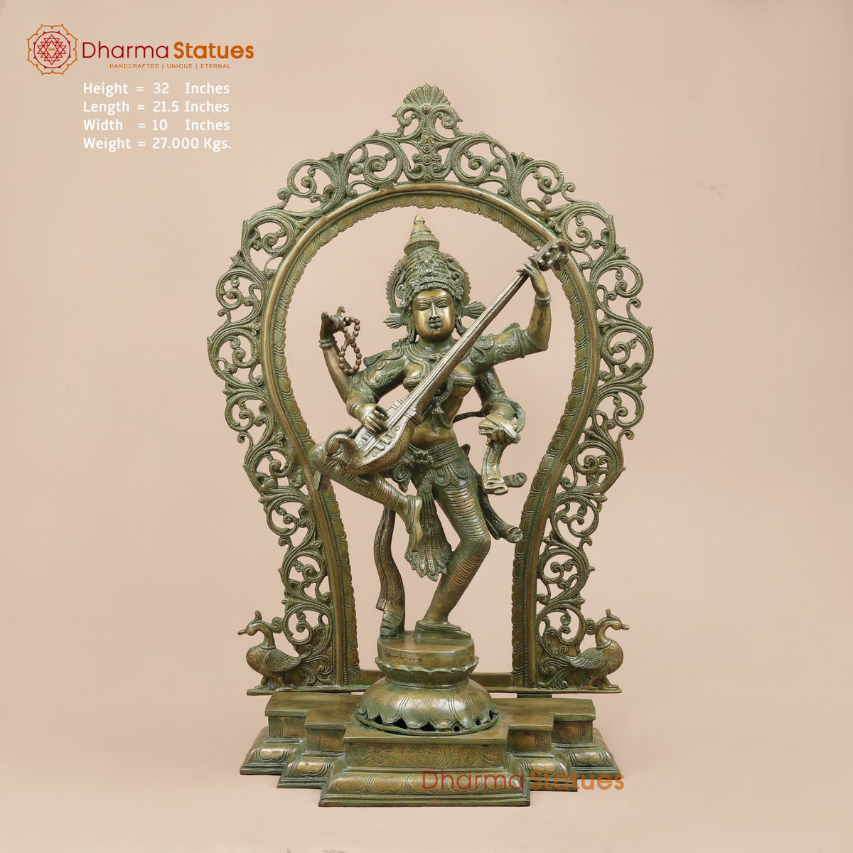 Brass Saraswati Dancing with Arch Fine, Antique Patina 32”