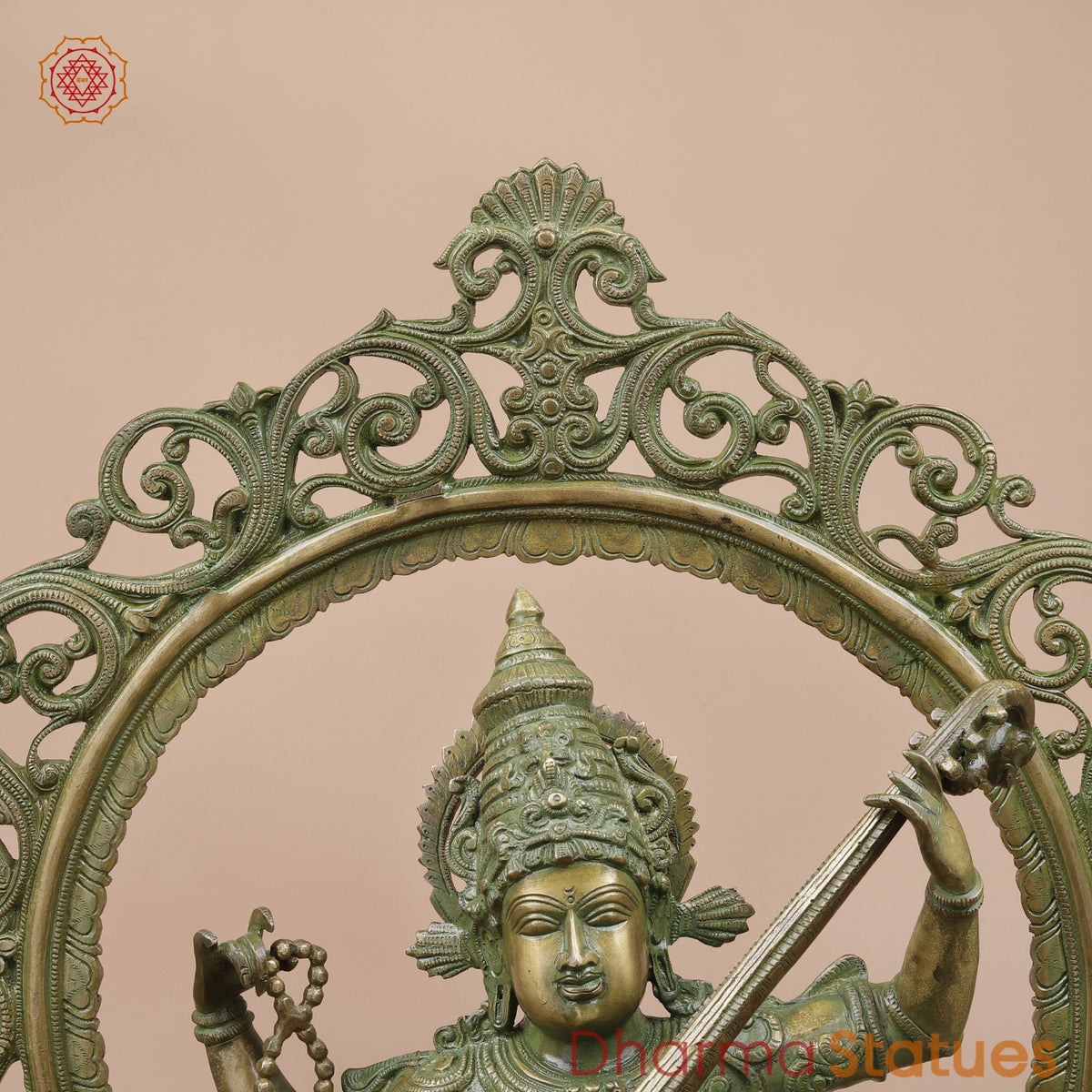 Brass Saraswati Dancing with Arch Fine, Antique Patina 32”