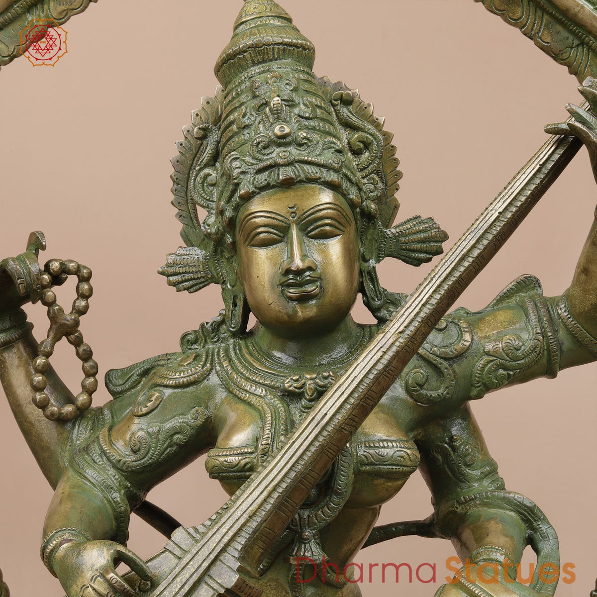 Brass Saraswati Dancing with Arch Fine, Antique Patina 32”