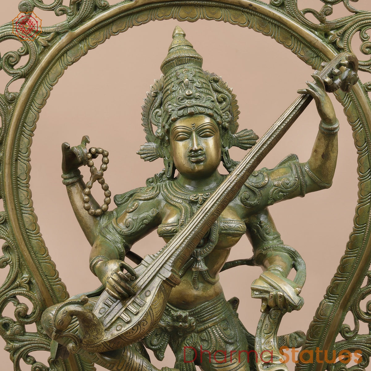 Brass Saraswati Dancing with Arch Fine, Antique Patina 32”