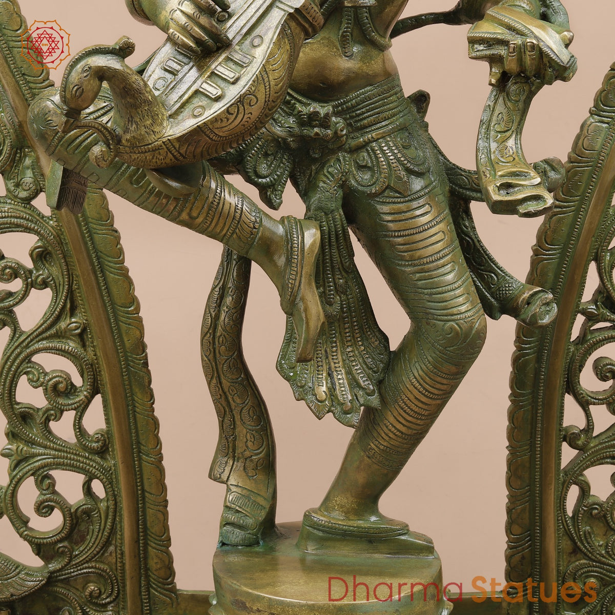 Brass Saraswati Dancing with Arch Fine, Antique Patina 32”