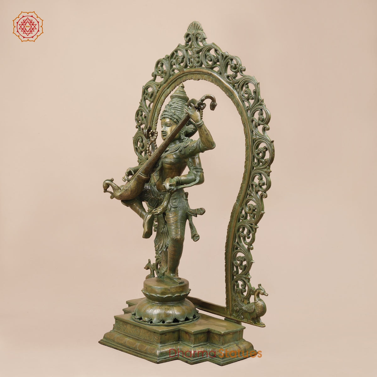 Brass Saraswati Dancing with Arch Fine, Antique Patina 32”