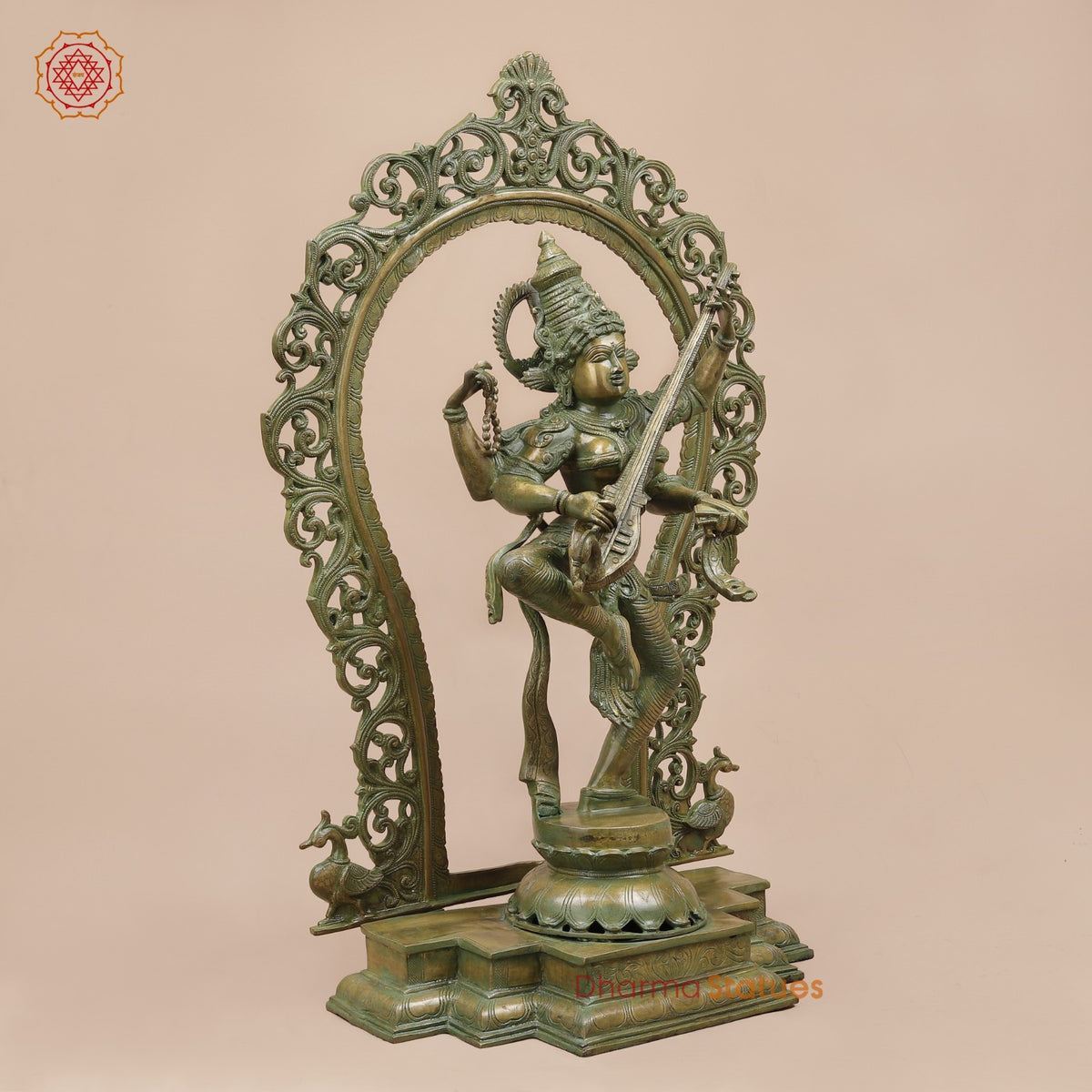 Brass Saraswati Dancing with Arch Fine, Antique Patina 32”