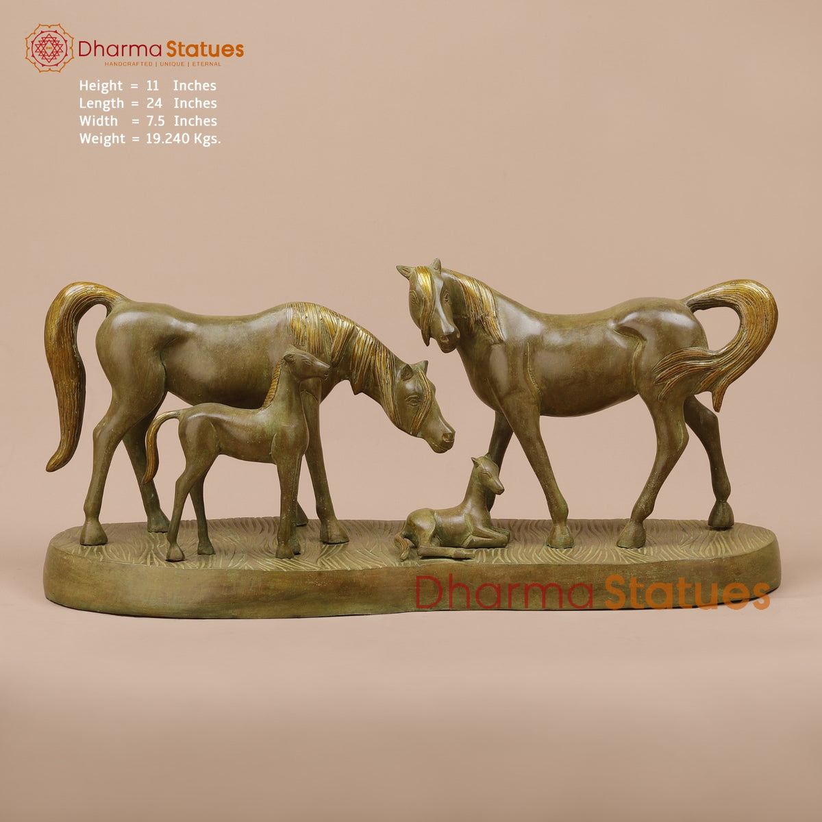 Brass Artistic Horse Family Standing Fine, Green Patina 24”