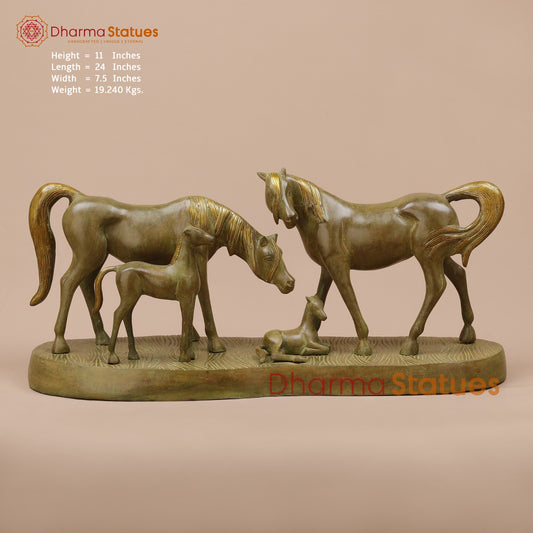 Brass Artistic Horse Family Standing Fine, Green Patina 24”