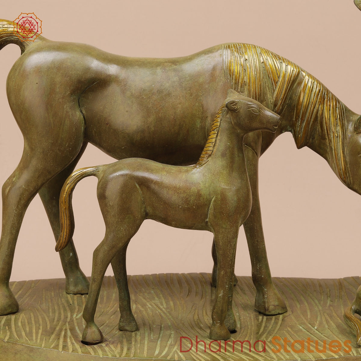 Brass Artistic Horse Family Standing Fine, Green Patina 24”