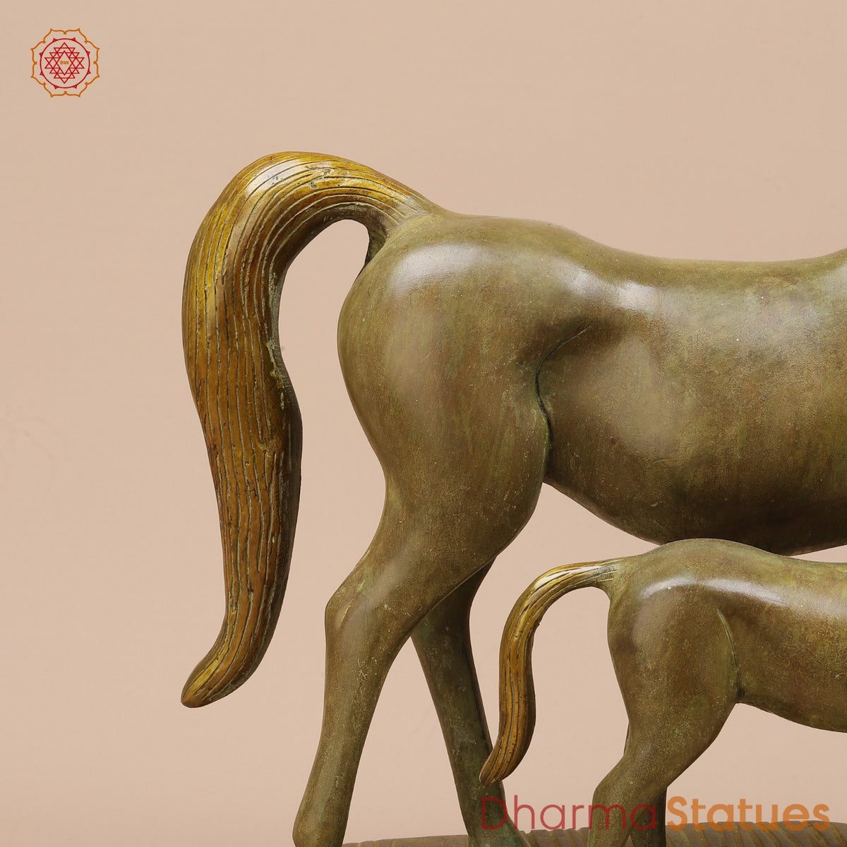 Brass Artistic Horse Family Standing Fine, Green Patina 24”
