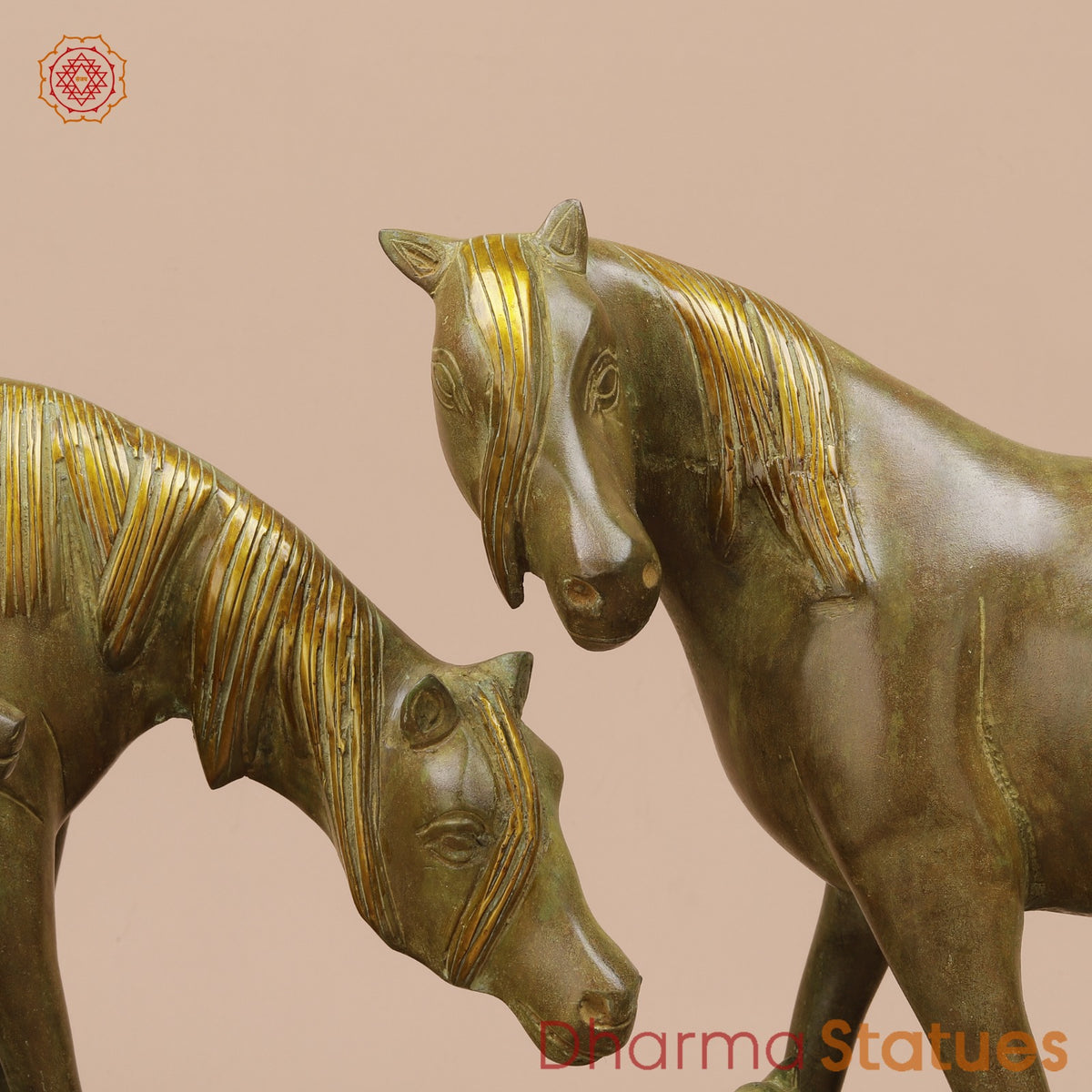 Brass Artistic Horse Family Standing Fine, Green Patina 24”
