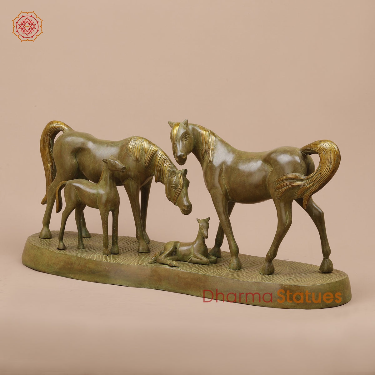 Brass Artistic Horse Family Standing Fine, Green Patina 24”