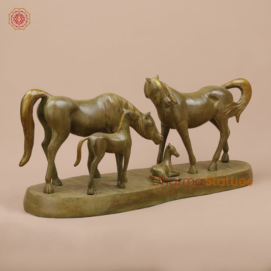 Brass Artistic Horse Family Standing Fine, Green Patina 24”
