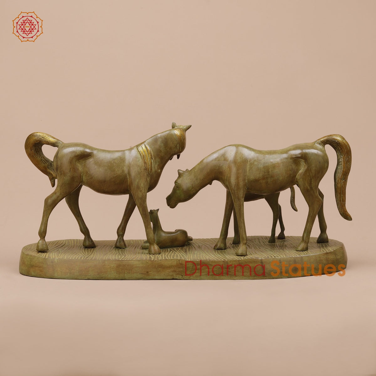 Brass Artistic Horse Family Standing Fine, Green Patina 24”